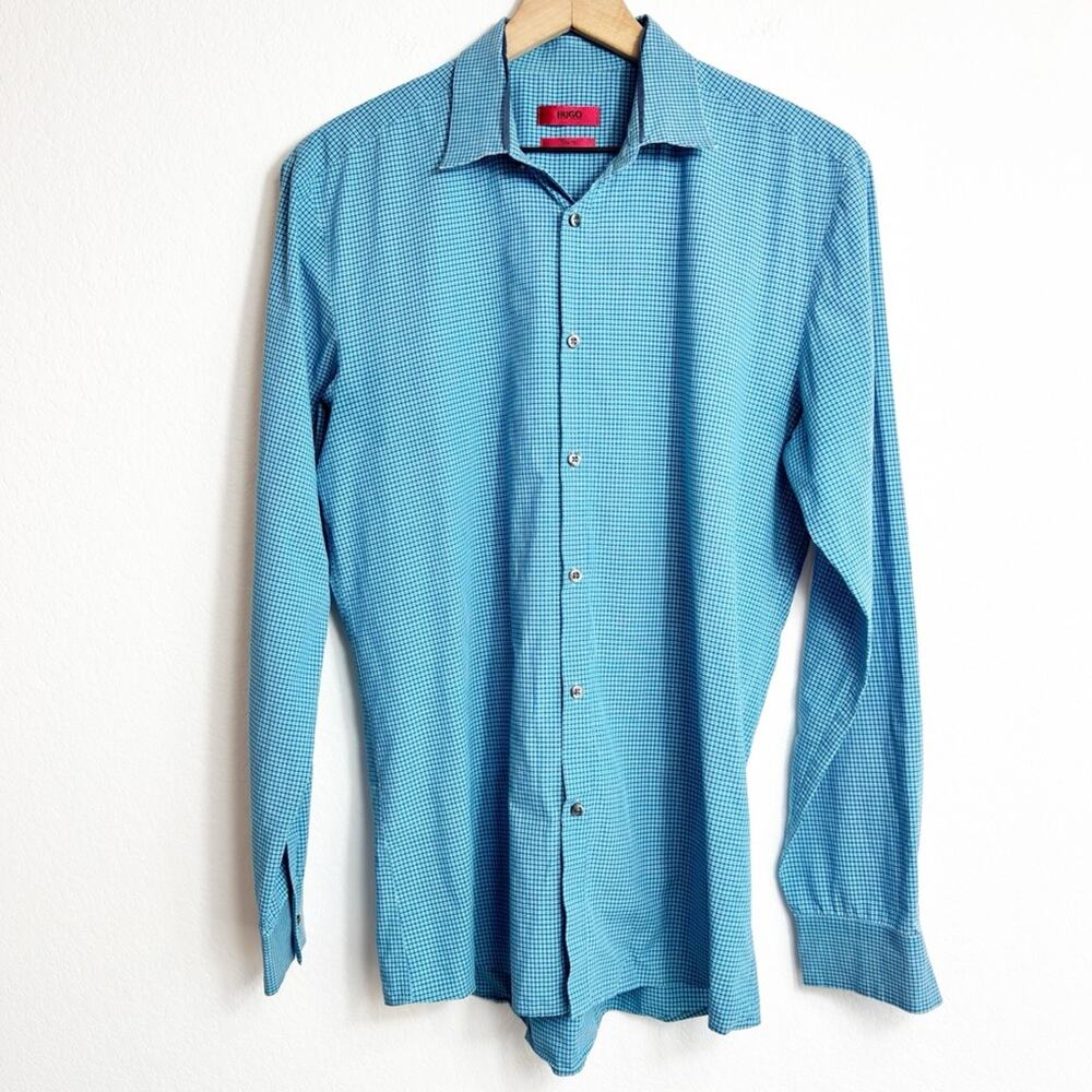 HUGO BOSS SLIM FIT BLUE LONG SLEEVE BUTTON DOWN MEN SHIRT SIZE LARGE